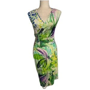 Balizza Green White Purple Blue Floral Rhinestone V Neck Tank Mini Dress Xs
